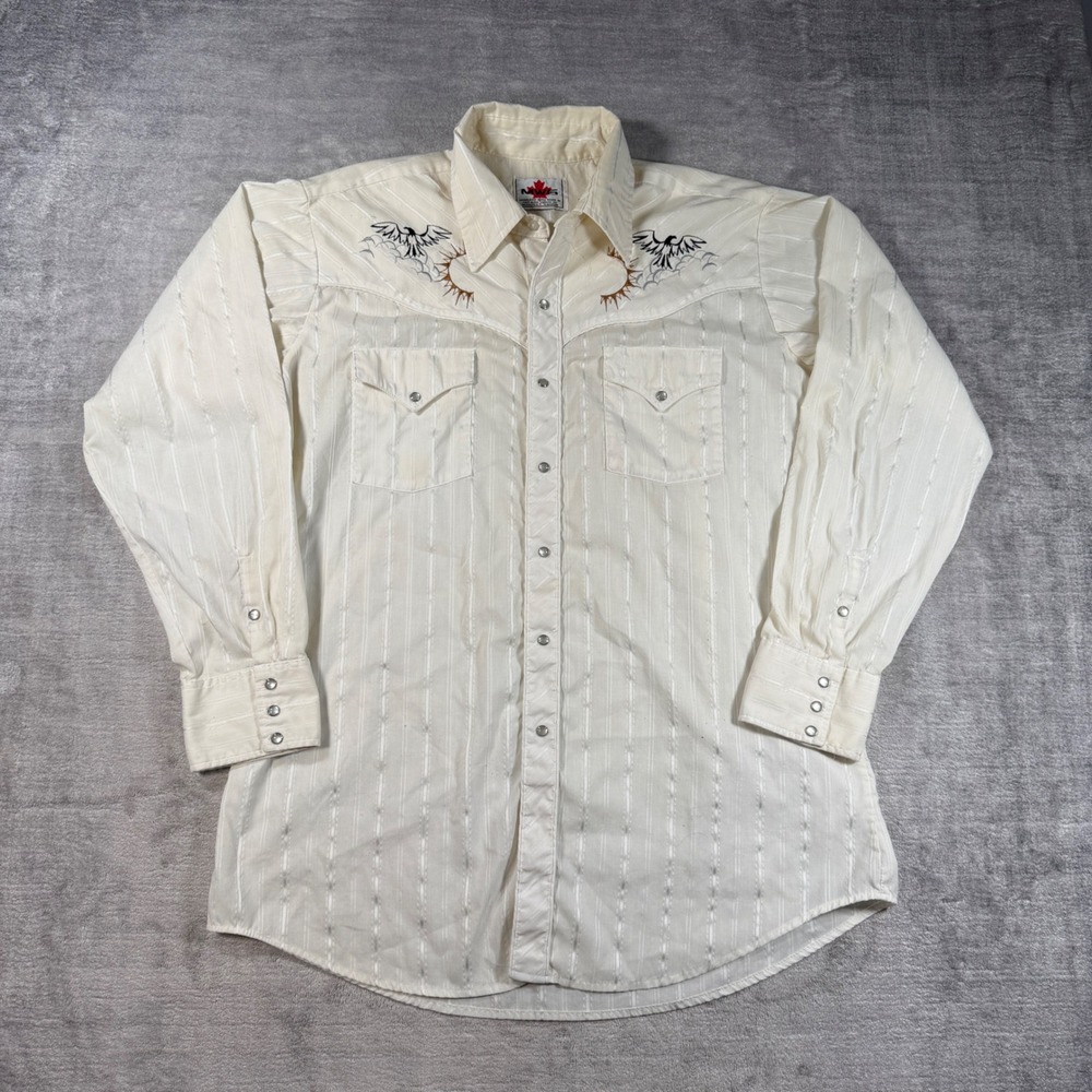 MWG Western Shirt Mens Large Cream Vintage Gaucho Eagle Pearl snap Satin Stripe